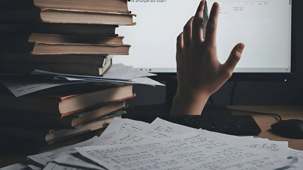 Sebuah foto konseptual yang menunjukkan tumpukan buku pelajaran dan kertas try out di latar depan yang buram, kontras dengan fokus tajam pada layar komputer di latar belakang yang menampilkan soal TKA 2025 berbentuk analisis teks yang panjang dan rumit.