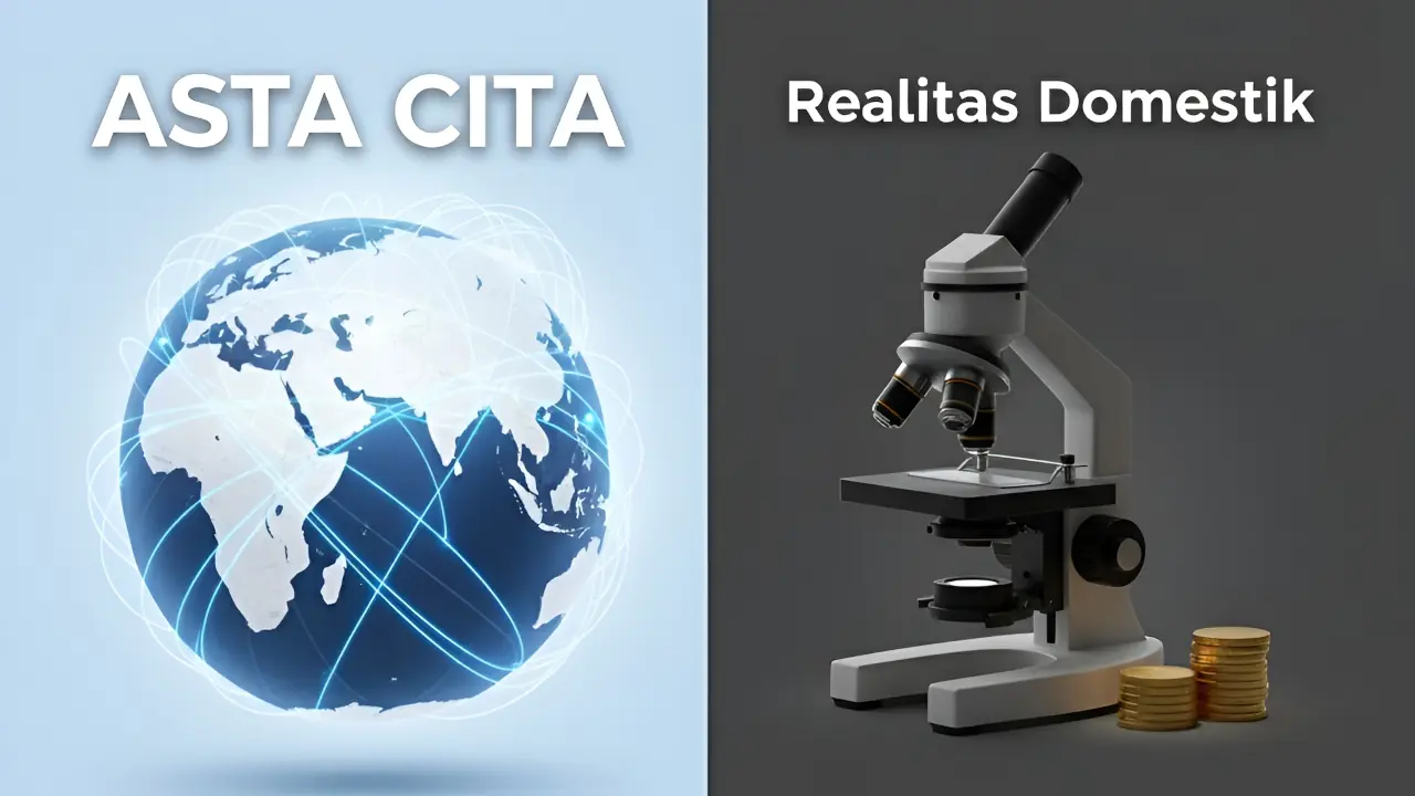 Ilustrasi visual yang kontras: di satu sisi, bola dunia yang bersinar dengan jaringan global melambangkan kerja sama pendidikan tinggi dan Asta Cita. Di sisi lain, sebuah mikroskop dengan setumpuk kecil koin, melambangkan kritik atas minimnya APBN untuk riset domestik