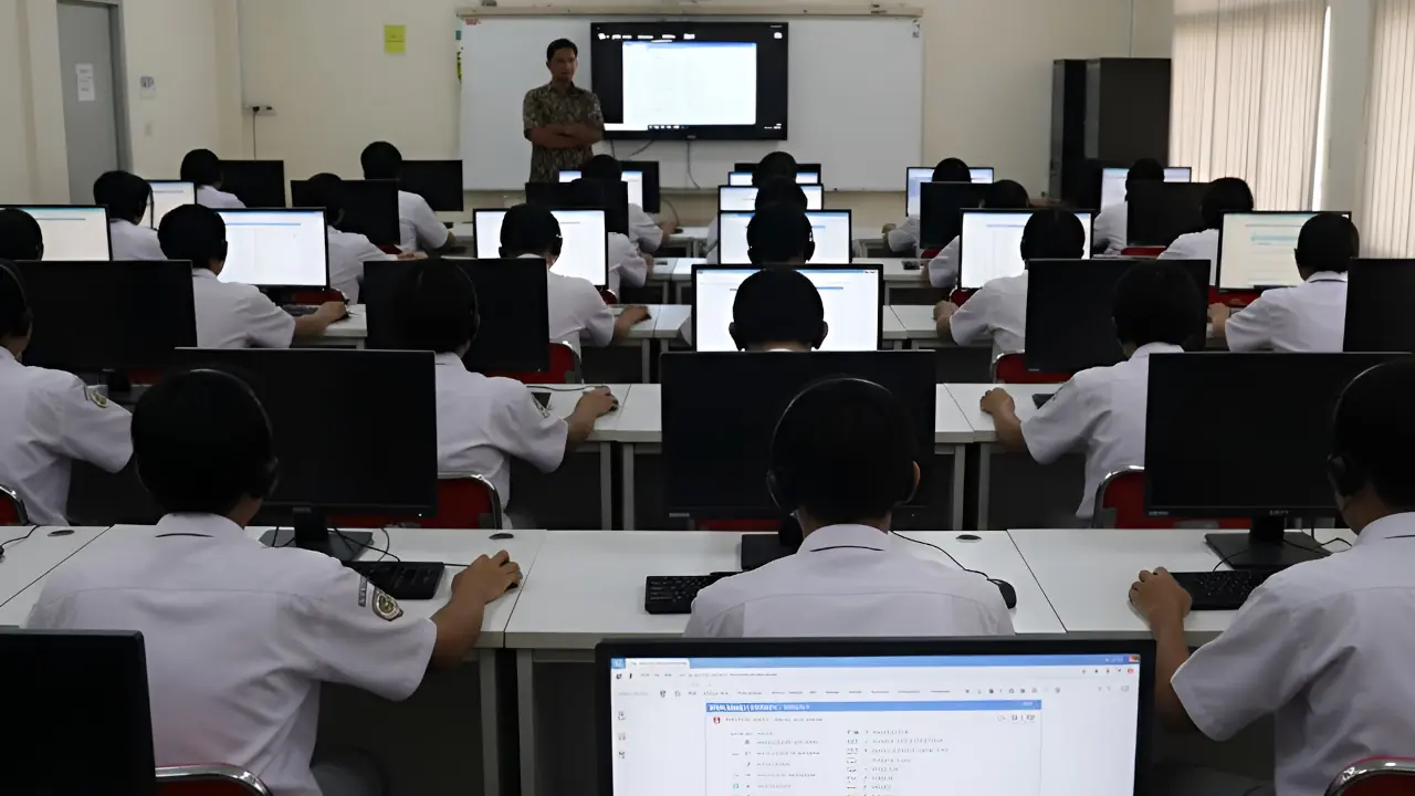 deretan siswa-siswi SMA, mengenakan seragam, duduk fokus di depan layar monitor komputer mereka mengerjakan TKA 2025