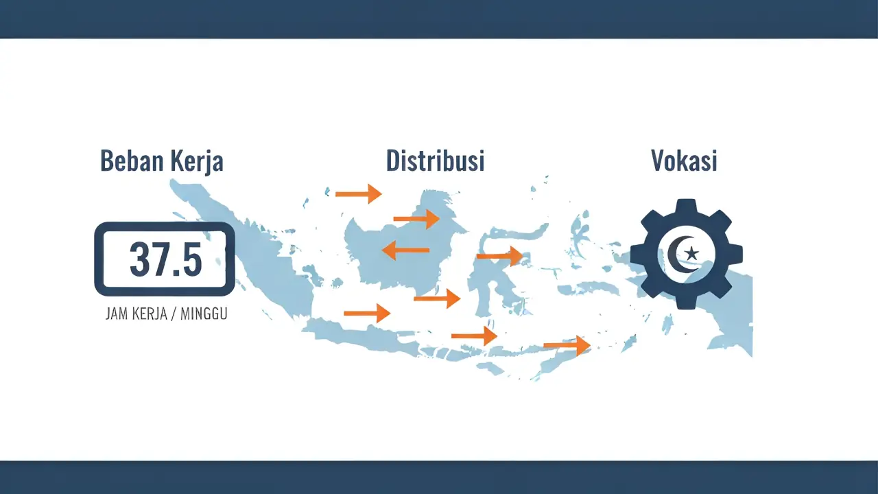 Ilustrasi grafis reformasi guru 2025 di atas peta Indonesia, menampilkan tiga ikon: stopwatch '37,5' untuk beban kerja guru , panah-panah untuk redistribusi guru ASND, dan ikon roda gigi/bulan sabit untuk usulan vokasi Kemenag