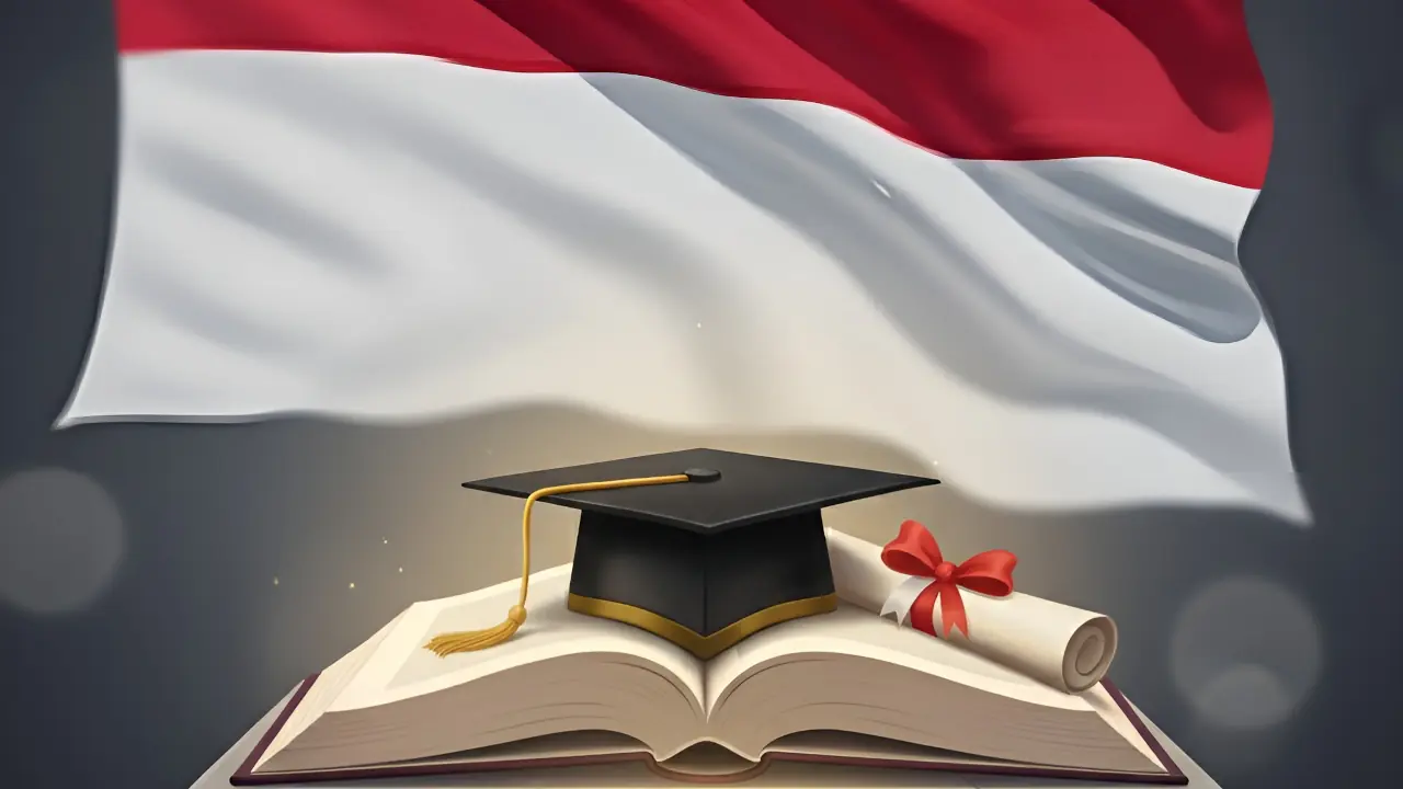 Ilustrasi sebuah topi toga kelulusan dan gulungan ijazah yang diikat pita merah-putih, diletakkan di atas buku yang terbuka dengan latar belakang bendera Indonesia. Ini melambangkan tema Hari Pahlawan 2025 di mana prestasi dan pendidikan dibingkai sebagai bentuk kepahlawanan modern.