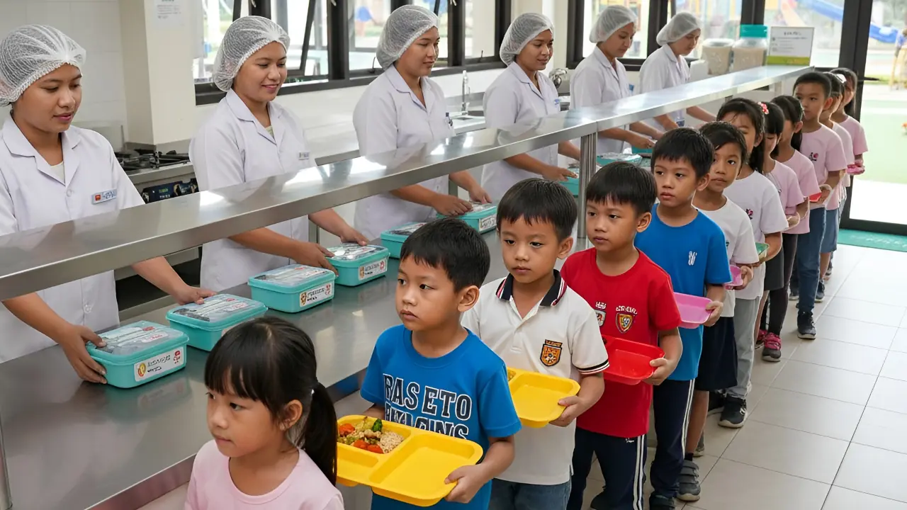 Siswa sekolah antre untuk program Makan Bergizi Gratis (MBG) yang higienis dan terorganisir