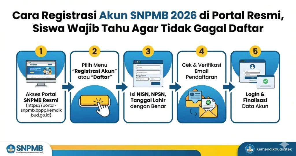 Pendaftaran SNBP 2026 - Ilustrasi langkah-langkah pengisian formulir daring di layar komputer untuk pendaftaran seleksi masuk perguruan tinggi negeri.