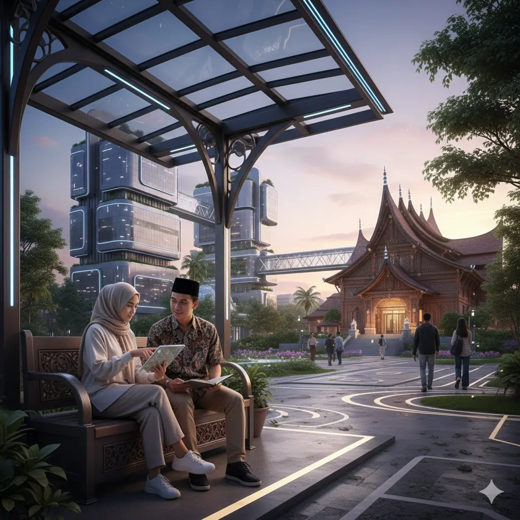 Diplomasi dua kaki ri - Suasana diskusi akademik yang hangat antar-mahasiswa di kampus, memperlihatkan perpaduan antara tradisi akademik dan nilai keagamaan.