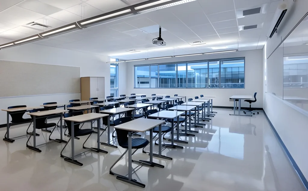 Perbandingan visual kontras antara fasilitas sekolah elit yang modern dengan kondisi bangunan sekolah rusak di daerah terpencil.