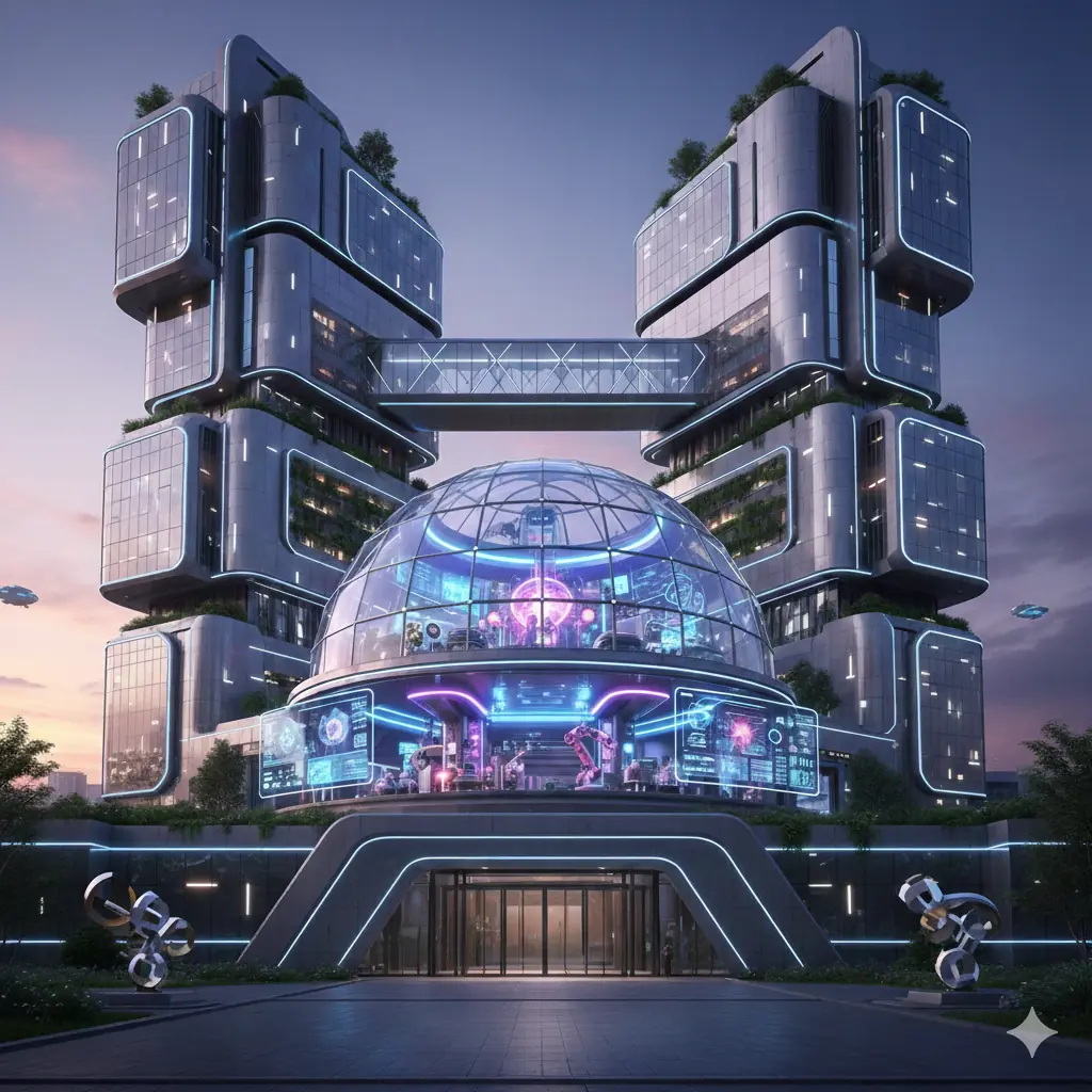 Visualisasi arsitektur kampus modern yang dilengkapi dengan fasilitas laboratorium penelitian sains dan teknologi tinggi