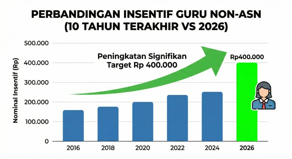 Kenaikan Insentif Guru Honorer 2026 - Grafik perbandingan sederhana antara jumlah insentif lama dan baru yang menunjukkan tren kenaikan bantuan bagi guru honorer.