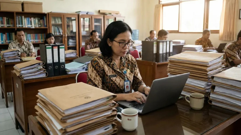 Guru sedang melakukan input data kepegawaian melalui sistem online untuk memastikan kepesertaan dalam program insentif pemerintah.