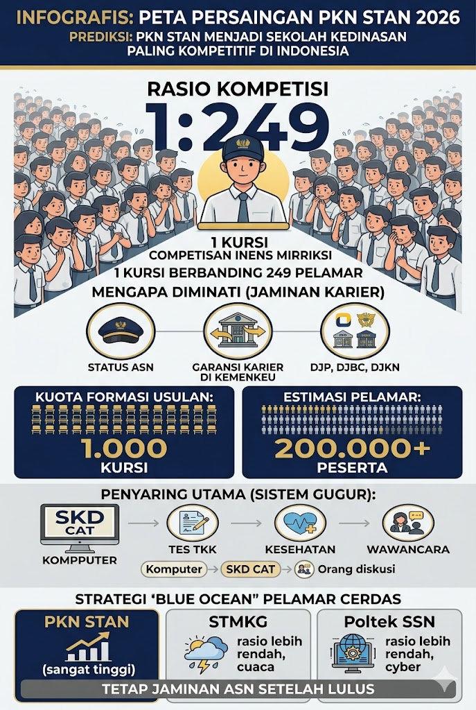 Infografis peta persaingan PKN STAN 2026. Prediksi: PKN STAN menjadi sekolah kedinasan paling kompetitif di Indonesia