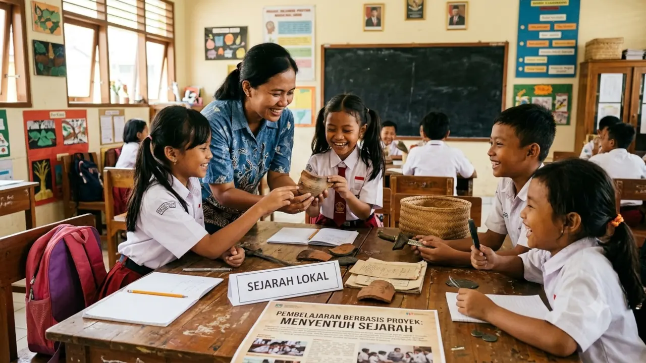 2026062302 Foto Aktivitas Eksperimen Fisik: "Menyentuh Sejarah di Ruang Kelas: Potret Kehangatan Interaksi Guru dan Murid Meneliti Artefak Lokal dalam Pembelajaran Berbasis Proyek." Menonjolkan aspek emosional, kegegembiraan belajar, dan pendekatan berpusat pada proses tumbuh kembang anak.