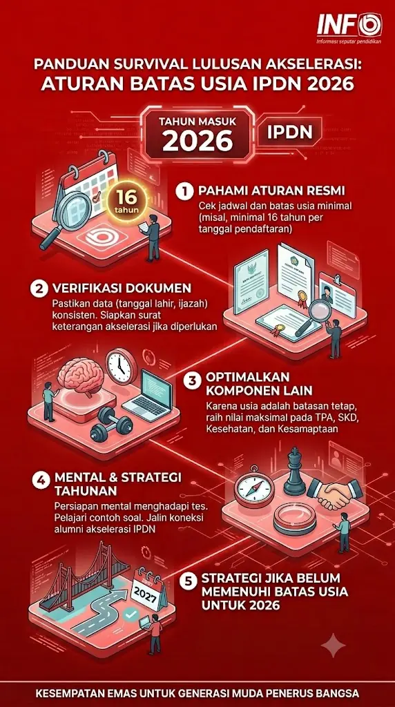 Aturan Usia IPDN 2026 Ganjal Lulusan Akselerasi 1 Infografis berdampingan yang menampilkan kontras antara prestasi akademik siswa SMA akselerasi (piala dan sertifikat) dengan layar sistem SSCASN yang menunjukkan notifikasi merah "Pendaftaran Ditolak: Usia Kurang dari 16 Tahun".