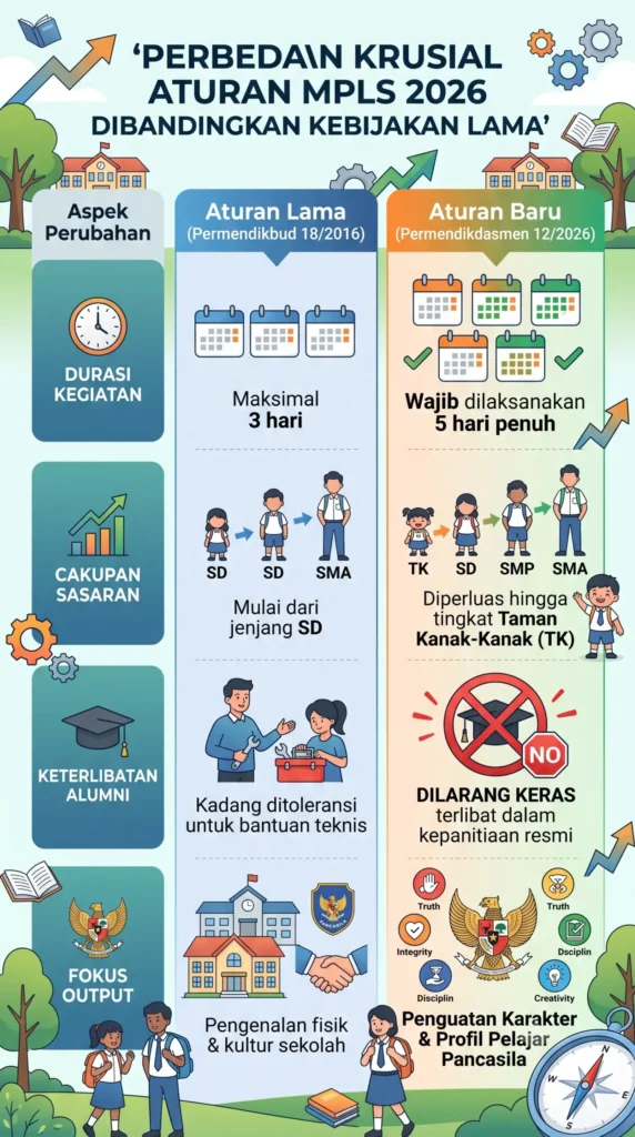 Gambar infografis perbedaan aturan MPLS 2026 dibandingkan kebijakan lama