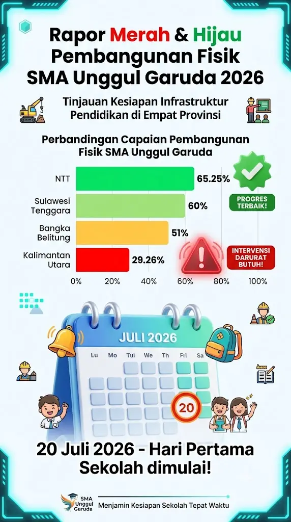 Infografis Rapor Merah & Hijau Pembangunan Fisik SMA Unggul Garuda 2026