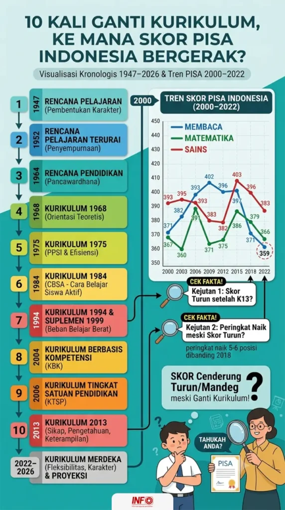 infografis timeline perubahan kurikulum pendidikan Indonesia 1947-2026. Saat ini kurikulum menggunakan Kurikulum Merdeka 2022