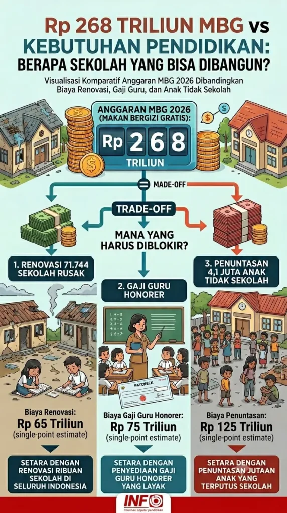 Kontroversi MBG 2026: Korupsi, Keracunan, dan Jabar 1 "Rp 268 Triliun MBG vs Kebutuhan Pendidikan: Berapa Sekolah yang Bisa Dibangun?" — Visualisasi komparatif anggaran MBG 2026 dibandingkan biaya renovasi 71.744 sekolah rusak, gaji guru honorer, dan penuntasan 4,1 juta anak tidak sekolah. Sangat kuat secara emosional karena memperlihatkan trade-off nyata.