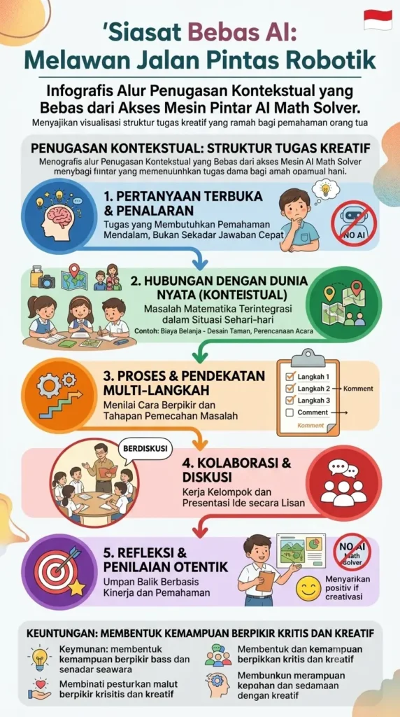 Tugas Sekolah Bebas AI 2026: Panduan Baru Puslapdik Guru 1 Infografis Siasat Bebas AI: "Melawan Jalan Pintas Robotik: Infografis Alur Penugasan Kontekstual yang Bebas dari Akses Mesin Pintar AI Math Solver."
