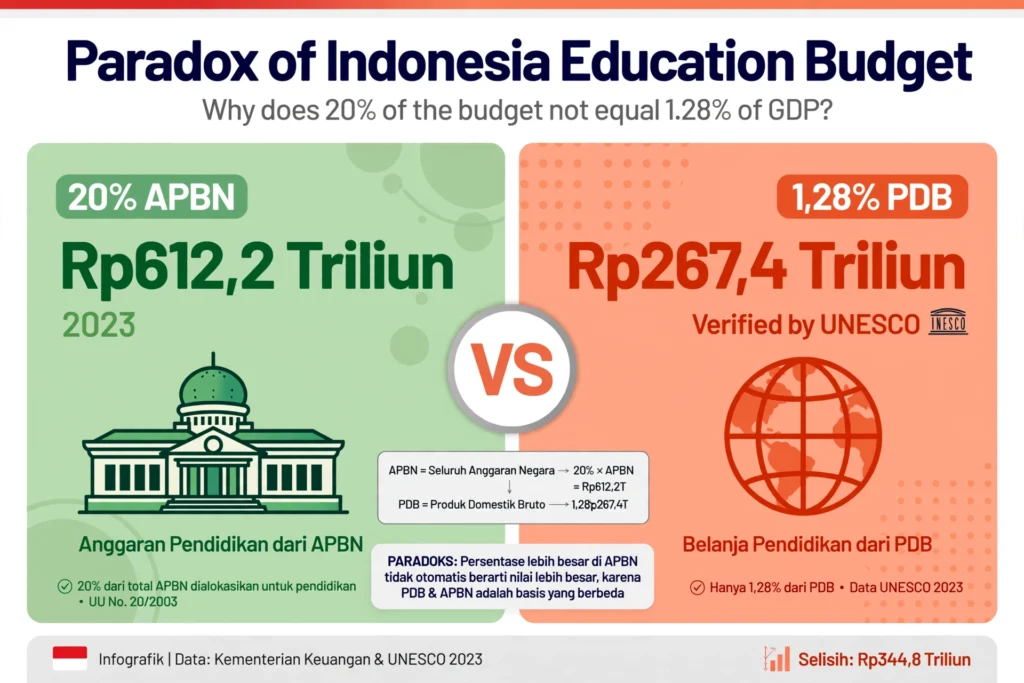 Sengkarut Anggaran Pendidikan - Seri I: Mengapa 20% APBN Jadi 1,3% PDB? 1 2026071701 indonesia education budget infographic