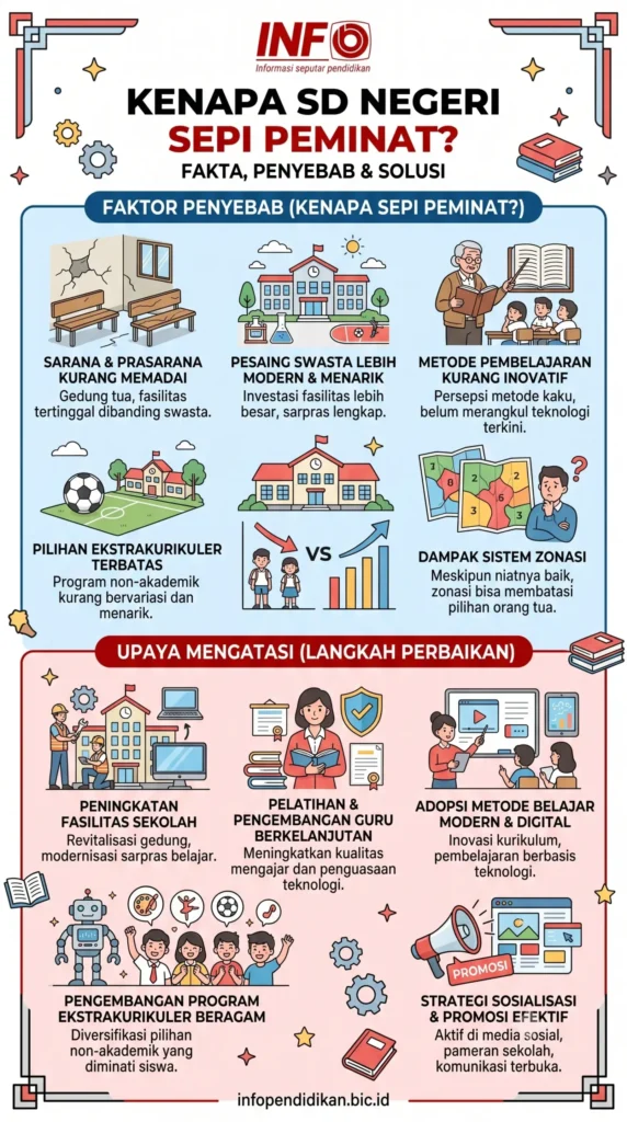 Dilema Kelas Kosong: Membongkar 3 Faktor Makro Penyebab SD Negeri Sepi Peminat 1 Gambar infografis kenapa SD Negeri kian sepi peminat