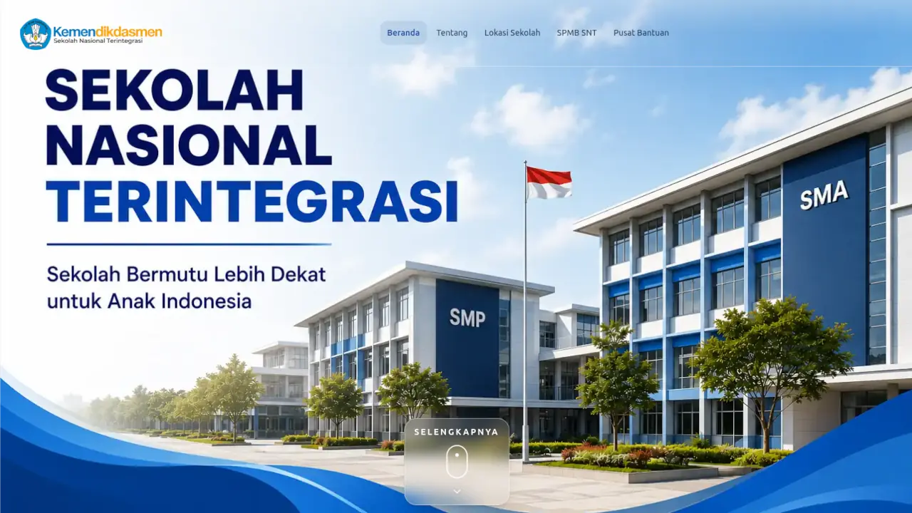 Tampilan beranda situs web Sekolah Nasional Terintegrasi Kemendikdasmen