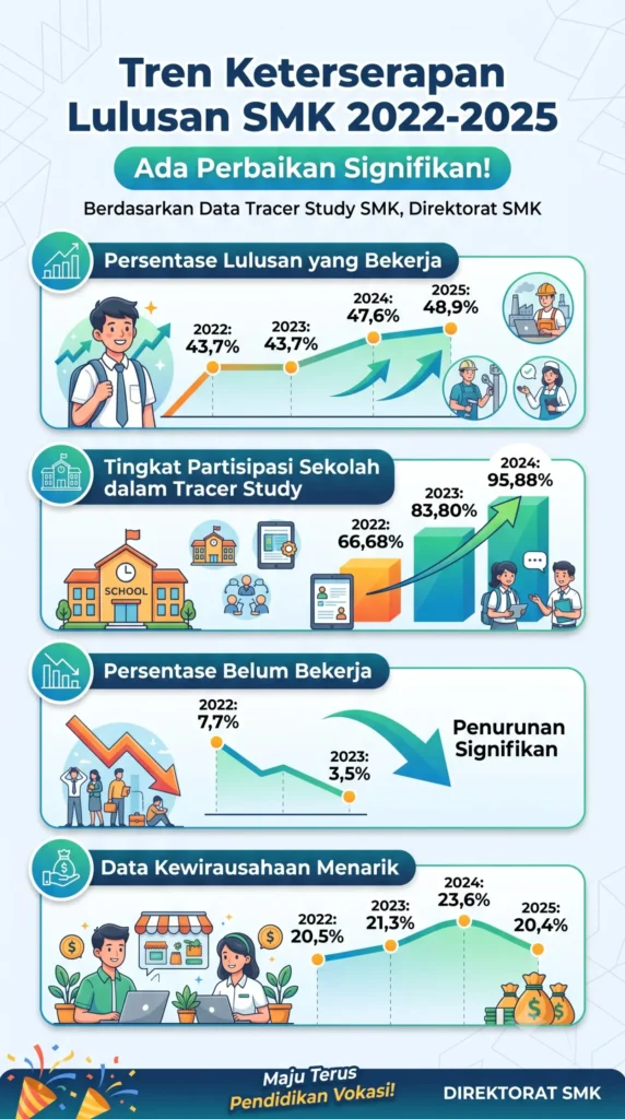 Tracer Study SMK 2026 Dimulai, Kemendikdasmen Petakan Lulusan untuk Kebijakan Vokasi Berbasis Data 1 Infografis Tren Keterserapan Lulusan SMK 2022-2025