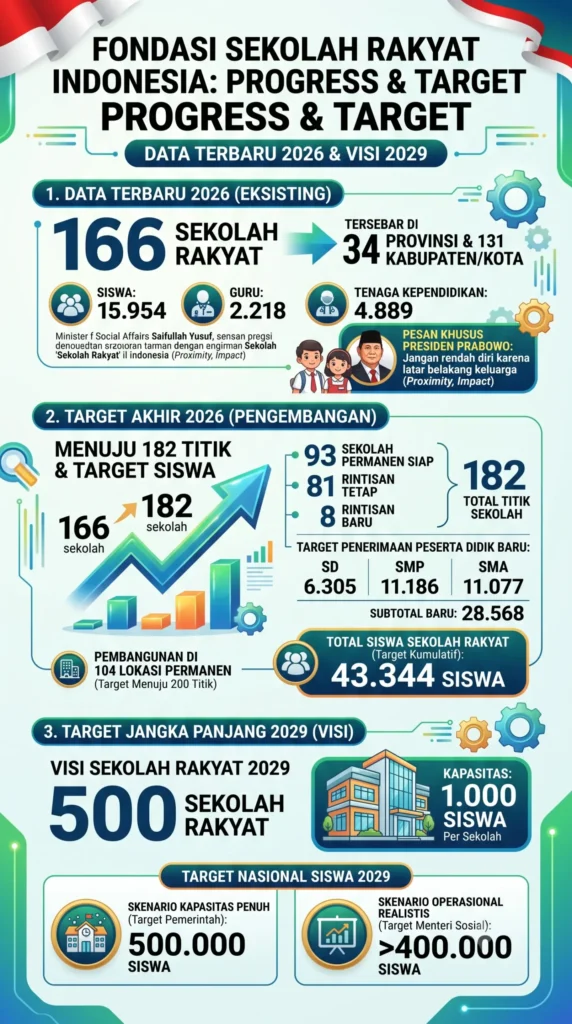 166 Sekolah Rakyat Tampung 15.954 Siswa Desil Miskin: Target 500 Sekolah dan 500 Ribu Siswa 2029 1 Infografis Sekolah Rakyat, update Juli 2026
